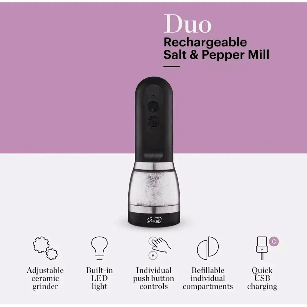 DomIQ‎ Duo Rechargeable Salt and Pepper Mill Electric 2-in-1 Grinder USB Black
